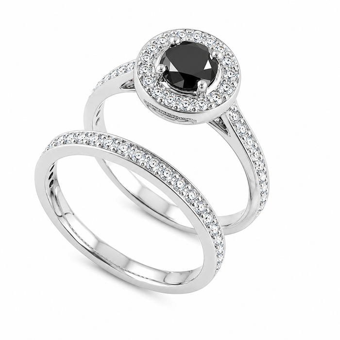 Black diamond round diamond halo 14k white gold wedding ring set