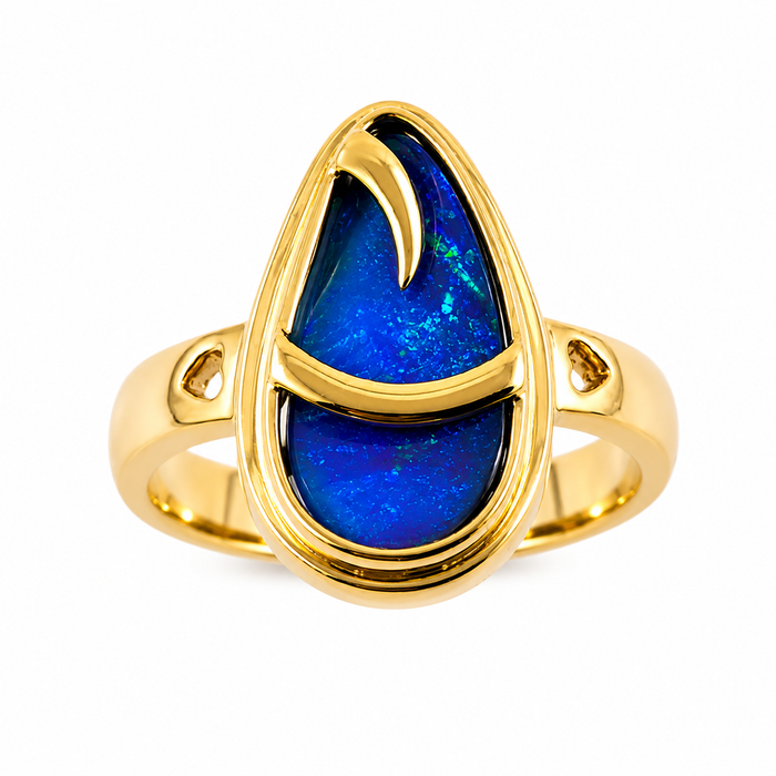 Australian blue Boulder opal organic sprout design solid yellow gold ring Size 11.5 US - Ready to ship or resize