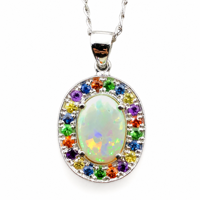 Australian opal fancy sapphires and amethyst halo white gold pendant necklace