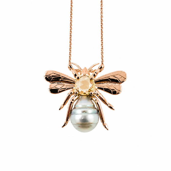 Bee insect Tahitian pearl, yellow rose cut sapphire, 14k rose gold pendant necklace