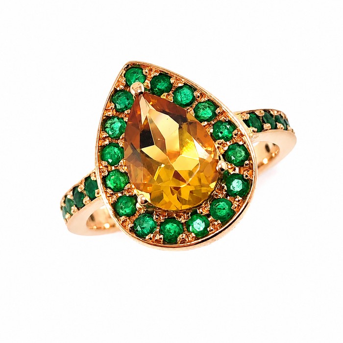 Citrine pear and emerald halo rose gold alternative engagement ring - Customise size, halo gemstones and gold colour