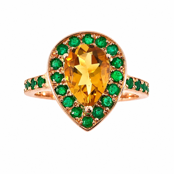Citrine pear and emerald halo rose gold alternative engagement ring - Customise size, halo gemstones and gold colour
