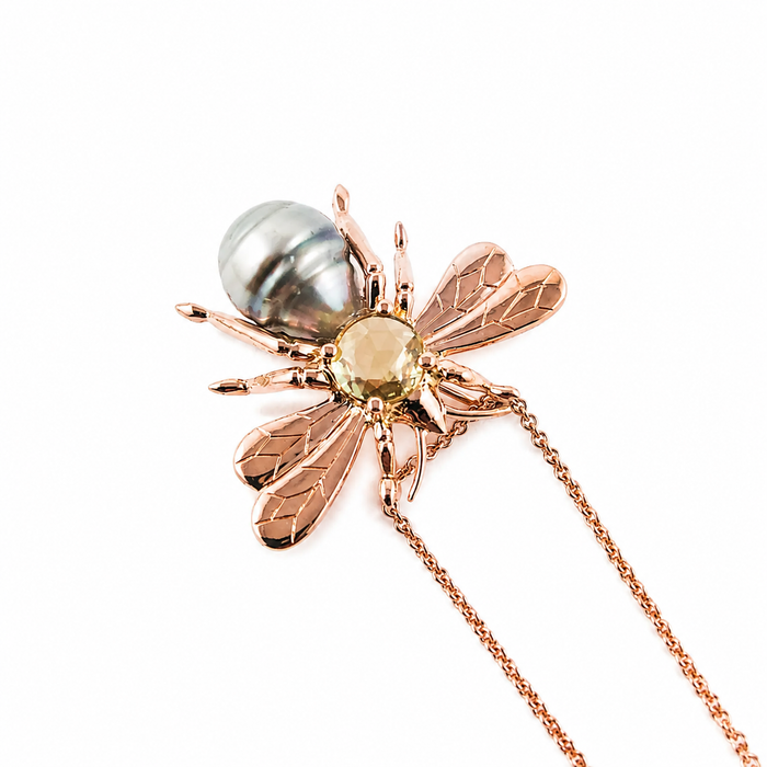 Bee insect Tahitian pearl, yellow rose cut sapphire, 14k rose gold pendant necklace