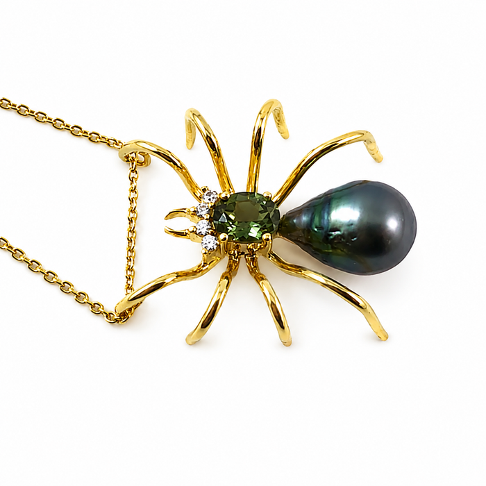 Spider arachnid insect Tahitian pearl Australian parti sapphire 14k yellow gold pendant necklace