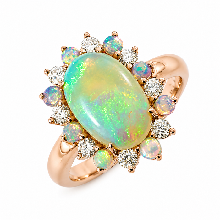 Australian jelly opal diamond halo 14k rose gold ring