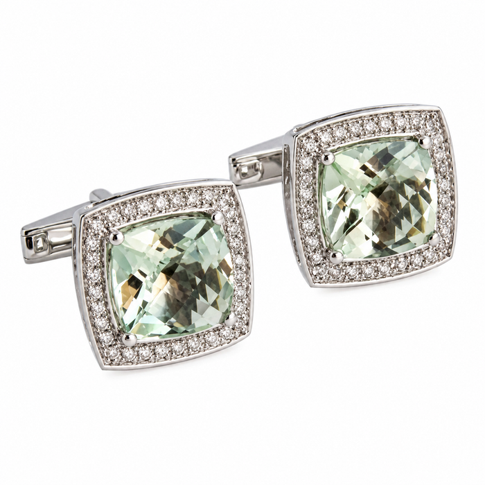Mint quartz cushion cut and white sapphire silver cufflinks - READY TO SHIP