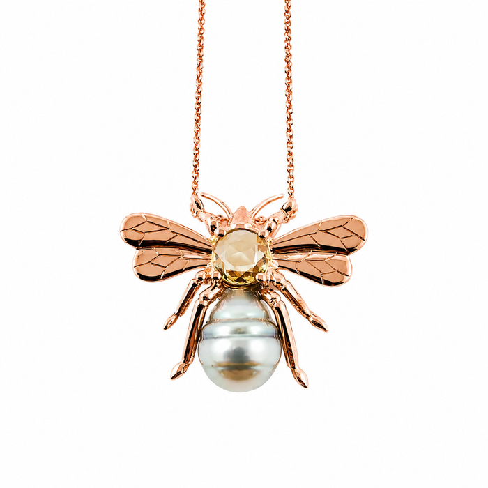 Bee insect Tahitian pearl, yellow rose cut sapphire, 14k rose gold pendant necklace