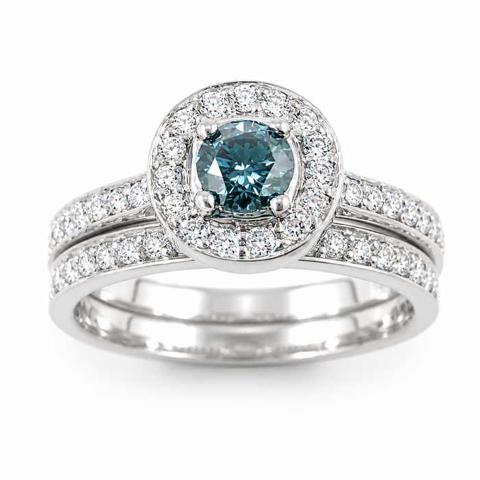 Blue diamond round diamond halo 14k white gold wedding ring set