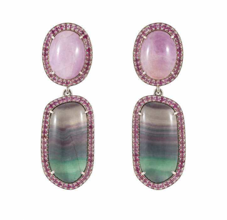 Rainbow fluorite, kunzite, pink sapphire halo silver dangle earrings