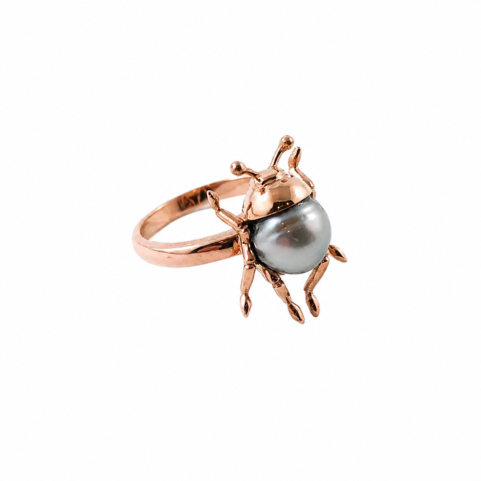 Beetle bug insect Tahitian pearl 14k rose gold ring