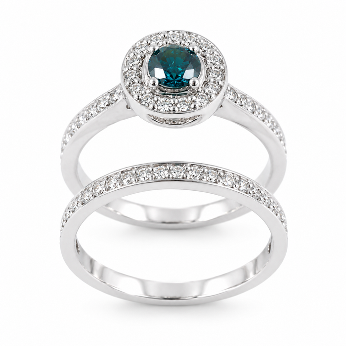 Blue diamond round diamond halo 14k white gold wedding ring set