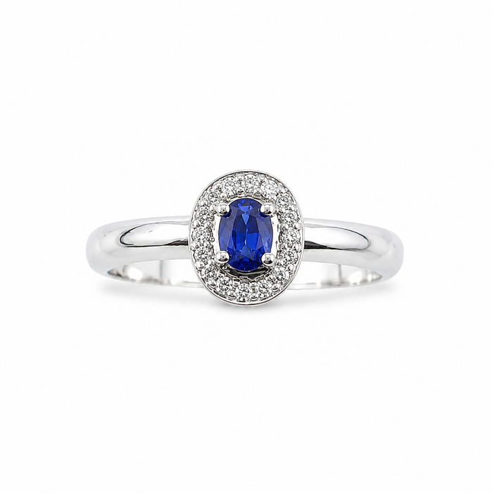 Ceylon sapphire oval and white diamond halo 14k white gold ring