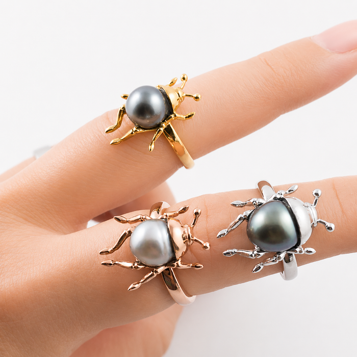 Beetle bug insect Tahitian pearl 14k rose gold ring
