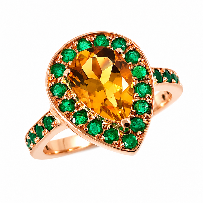 Citrine pear and emerald halo rose gold alternative engagement ring - Customise size, halo gemstones and gold colour