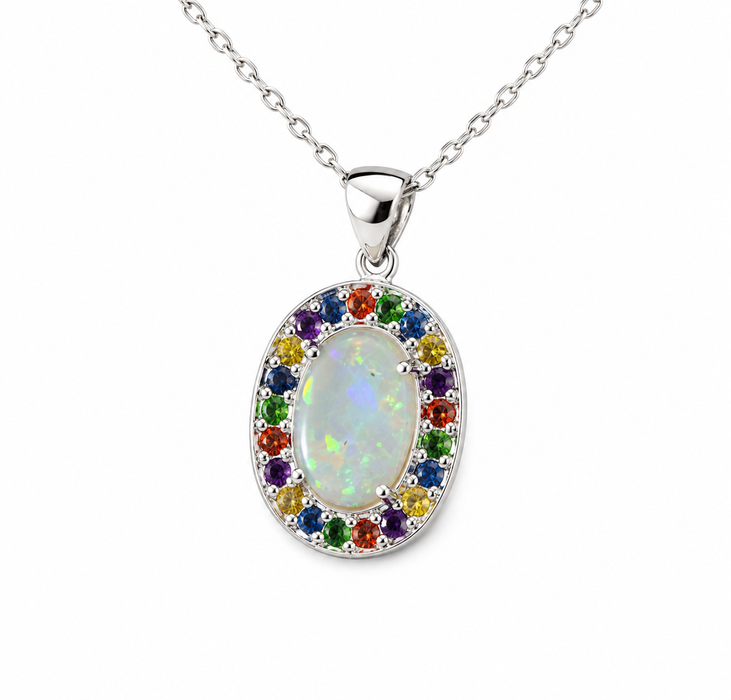 Australian opal fancy sapphires and amethyst halo white gold pendant necklace