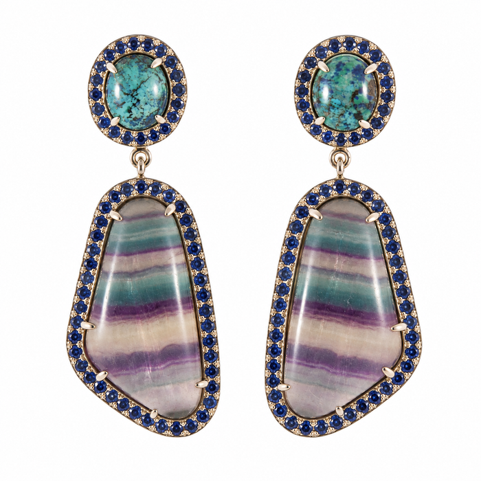 Rainbow fluorite, chrysocolla, blue sapphire halo silver dangle earrings