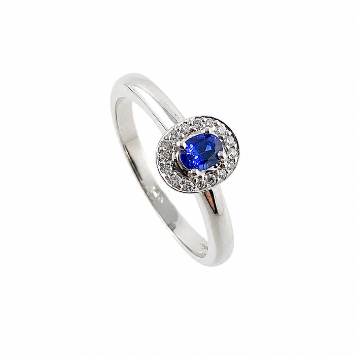 Ceylon sapphire oval and white diamond halo 14k white gold ring