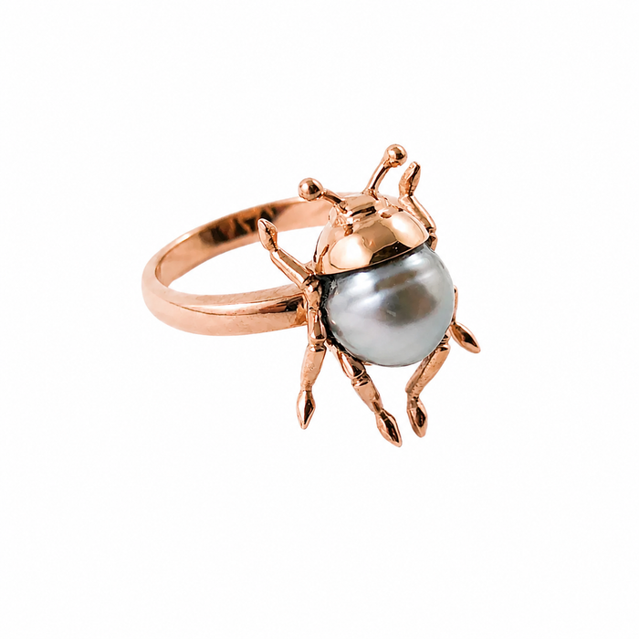 Beetle bug insect Tahitian pearl 14k rose gold ring