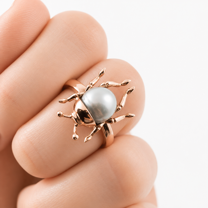 Beetle bug insect Tahitian pearl 14k rose gold ring
