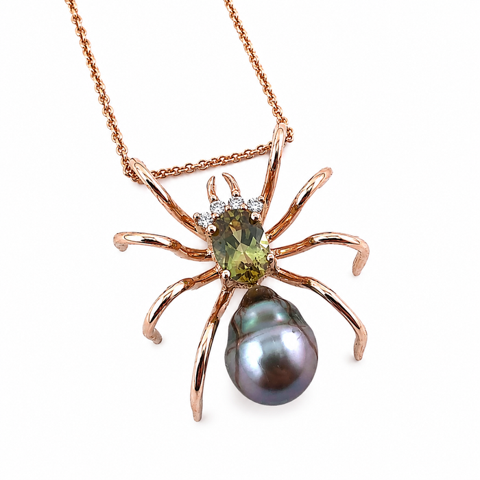 Spider arachnid insect Tahitian pearl Australian parti sapphire 14k rose gold pendant necklace