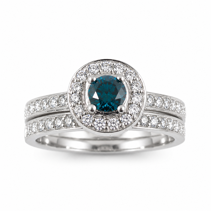 Blue diamond round diamond halo 14k white gold wedding ring set