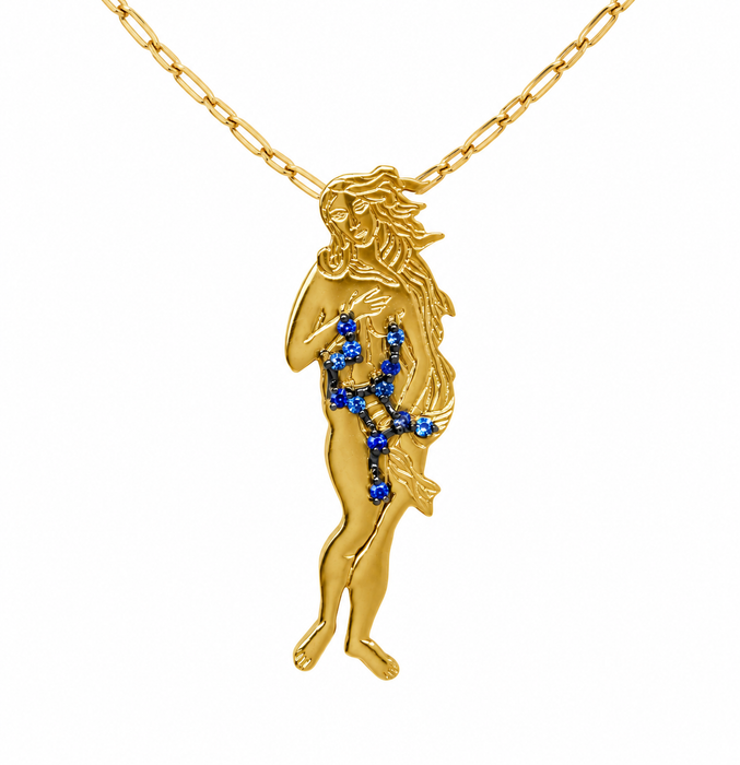 Virgo as Botticelli's Venus solid gold Virgo constellation blue sapphire birthstone pendant
