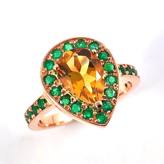 Citrine pear and emerald halo rose gold alternative engagement ring - Customise size, halo gemstones and gold colour