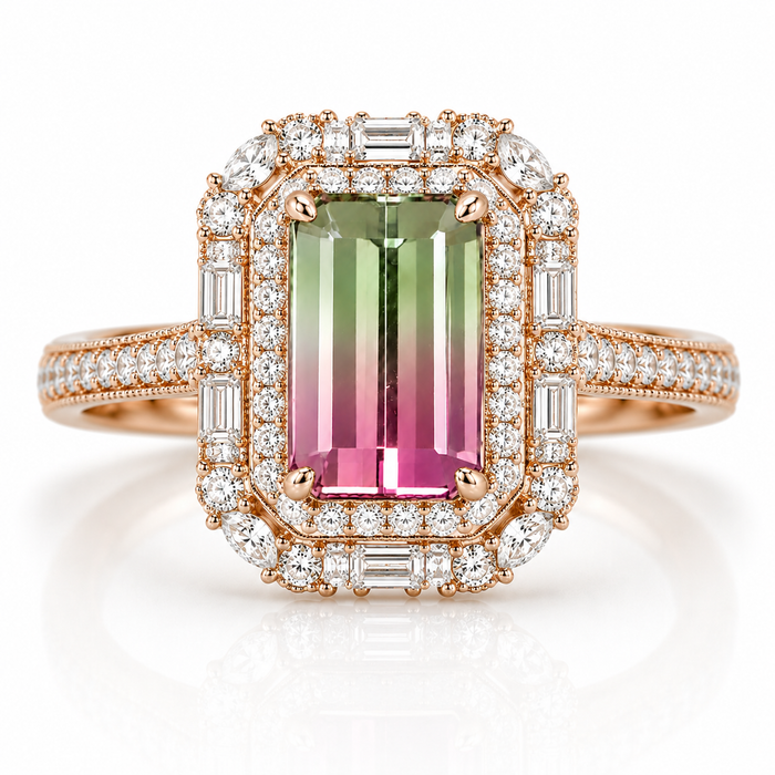 Bi color pink and green tourmaline rectangle emerald cut 3.85 carat loose gemstone