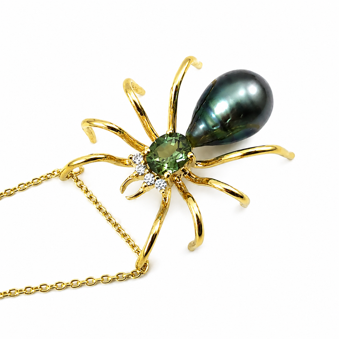 Spider arachnid insect Tahitian pearl Australian parti sapphire 14k yellow gold pendant necklace