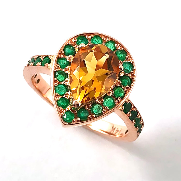 Citrine pear and emerald halo rose gold alternative engagement ring - Customise size, halo gemstones and gold colour