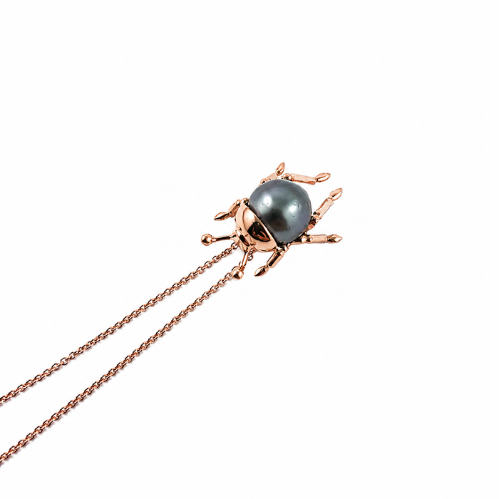 Beetle insect Tahitian pearl, 14k rose gold pendant necklace