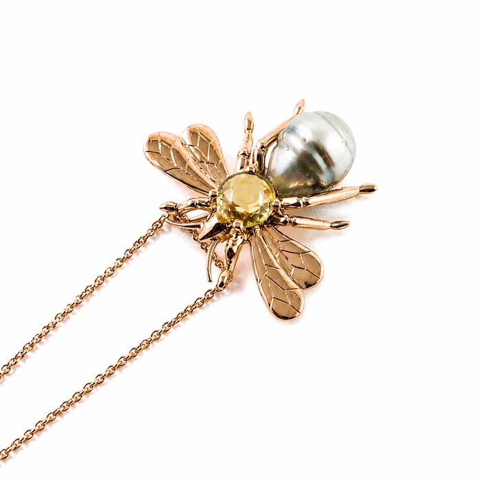 Bee insect Tahitian pearl, yellow rose cut sapphire, 14k rose gold pendant necklace
