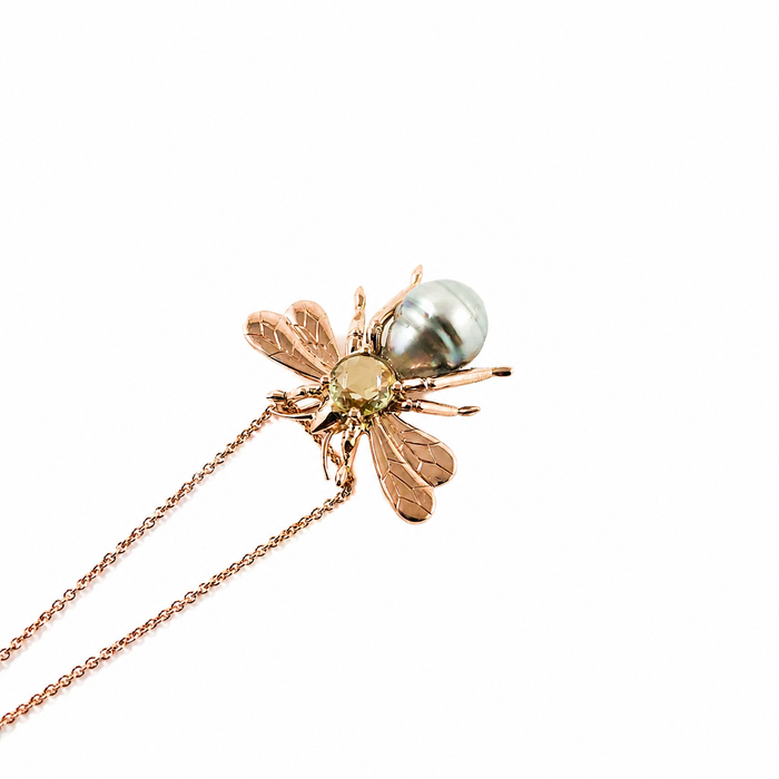 Bee insect Tahitian pearl, yellow rose cut sapphire, 14k rose gold pendant necklace