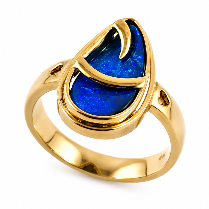 Australian blue Boulder opal organic sprout design solid yellow gold ring Size 11.5 US - Ready to ship or resize