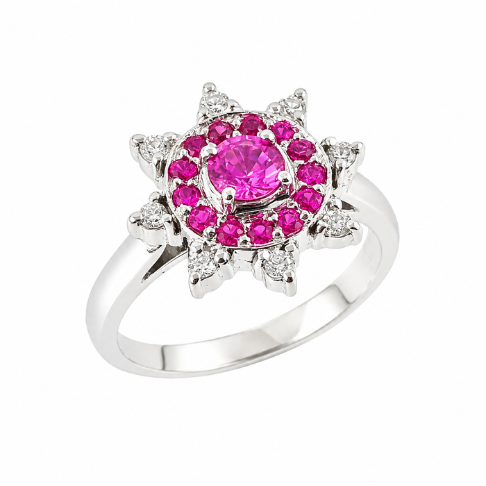 Australian pink sapphire pink ruby diamond 14k white gold flower ring