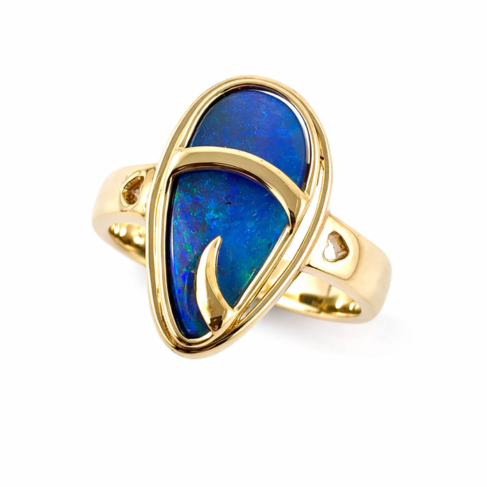 Australian blue Boulder opal organic sprout design solid yellow gold ring Size 11.5 US - Ready to ship or resize