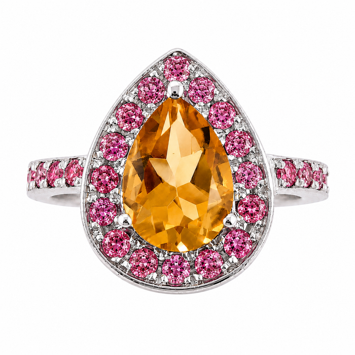Citrine pear and emerald halo rose gold alternative engagement ring - Customise size, halo gemstones and gold colour