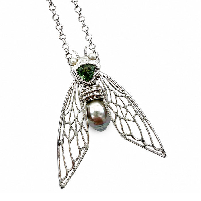 Cicada insect Tahitian pearl Australian green trillion cut sapphire rhodium plated silver pendant necklace