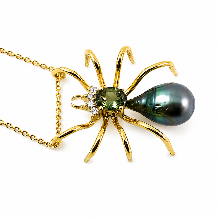 Spider arachnid insect Tahitian pearl Australian parti sapphire 14k yellow gold pendant necklace