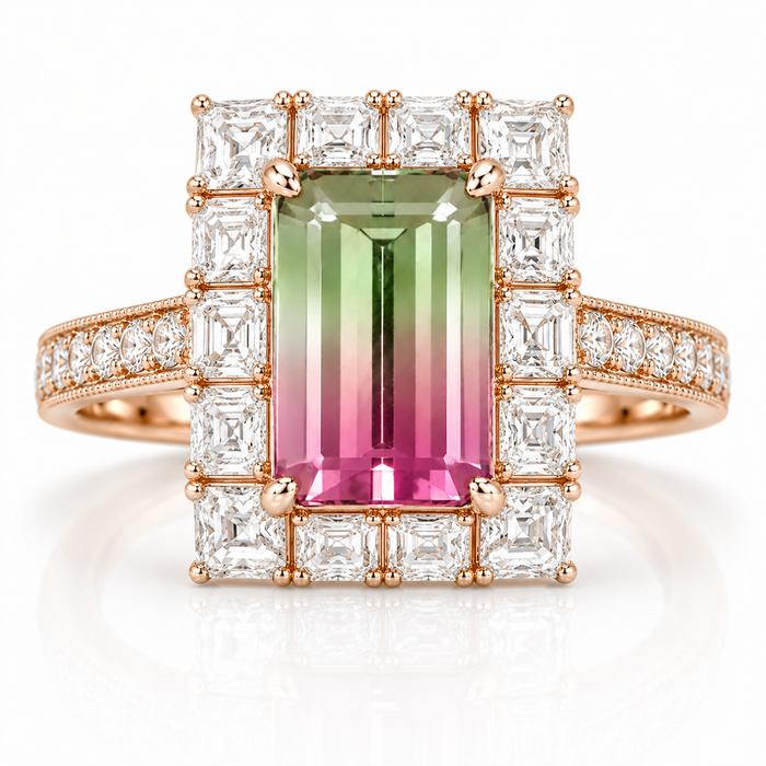 Bi color pink and green tourmaline rectangle emerald cut 3.85 carat loose gemstone