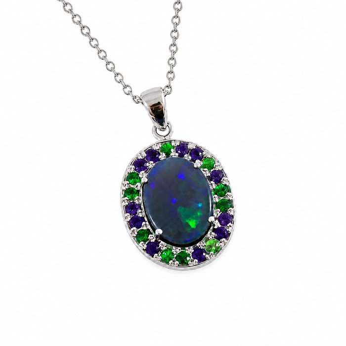 Australian opal Tsavorite garnet and amethyst halo white gold pendant necklace