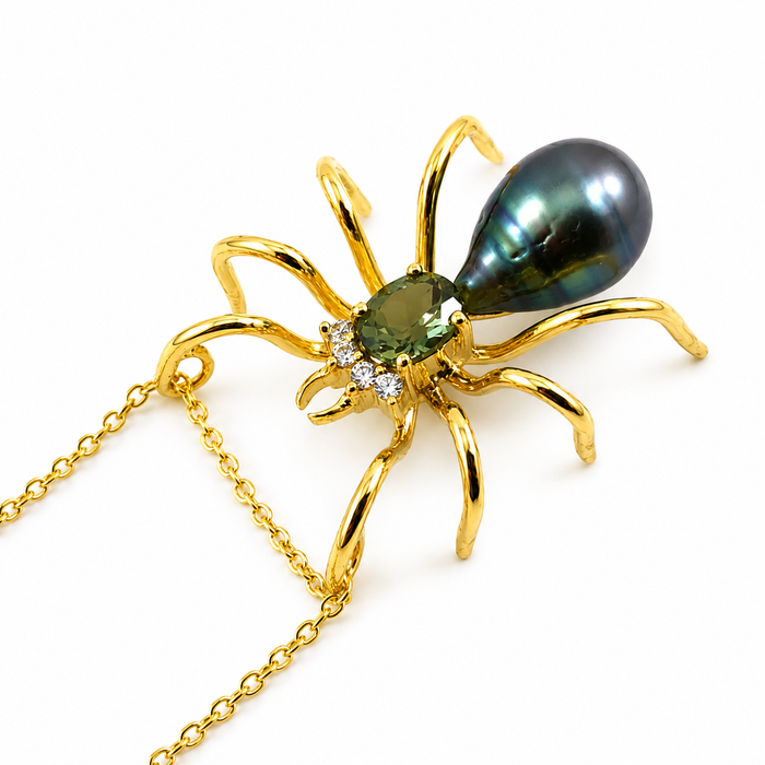 Spider arachnid insect Tahitian pearl Australian parti sapphire 14k yellow gold pendant necklace