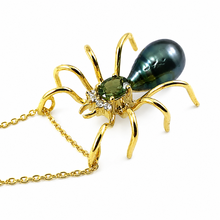 Spider arachnid insect Tahitian pearl Australian parti sapphire 14k yellow gold pendant necklace