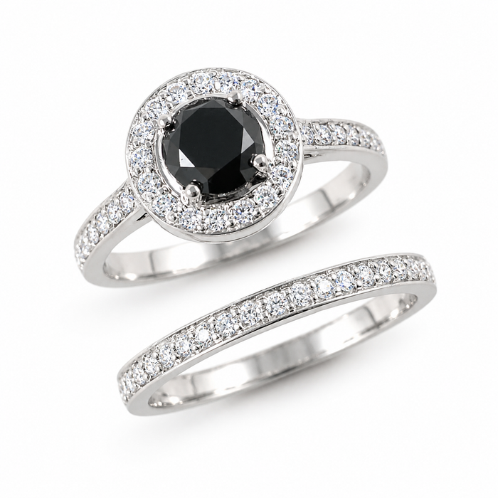 Black diamond round diamond halo 14k white gold wedding ring set