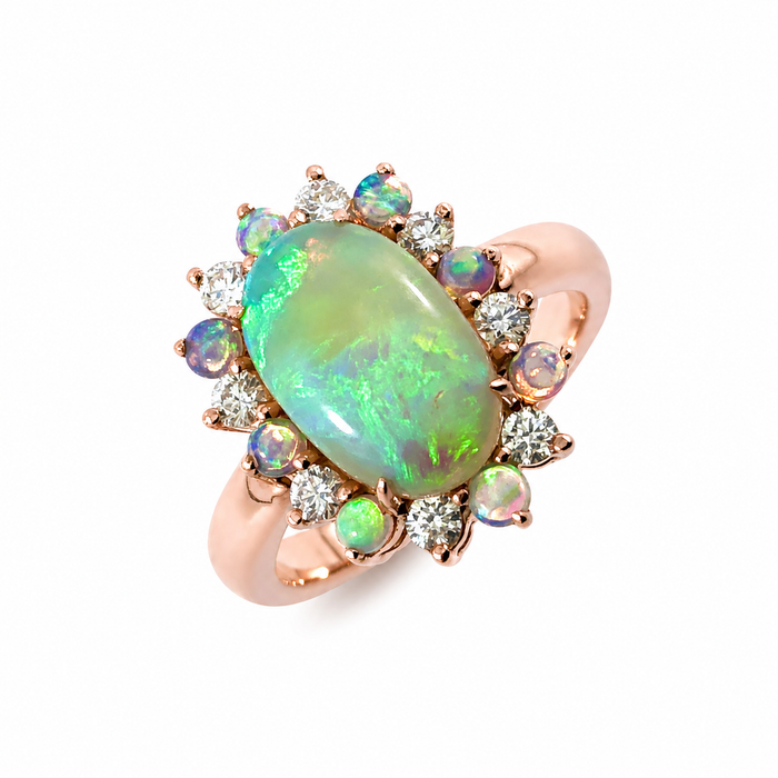 Australian jelly opal diamond halo 14k rose gold ring