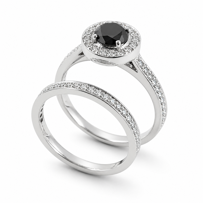 Black diamond round diamond halo 14k white gold wedding ring set