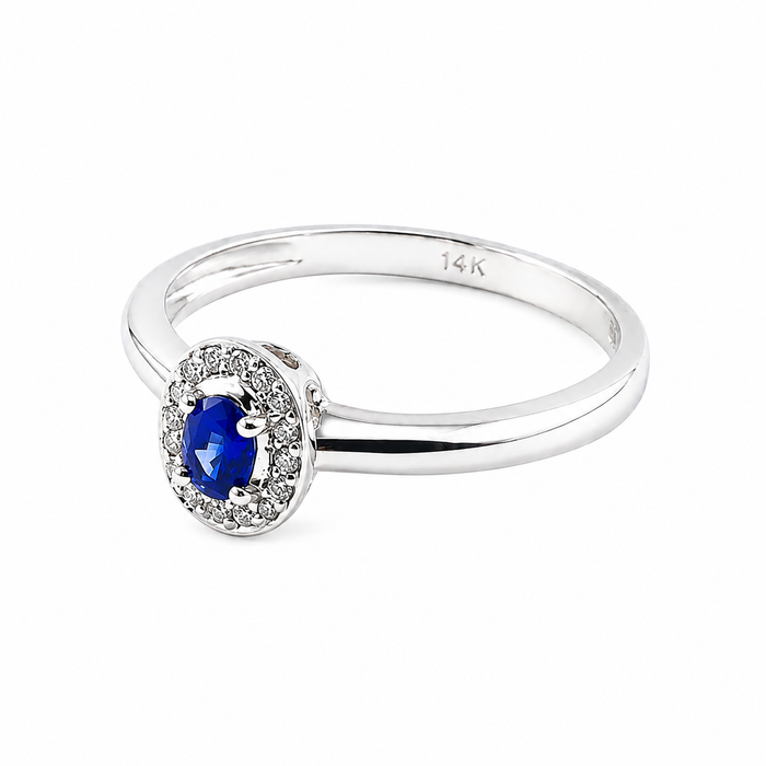 Ceylon sapphire oval and white diamond halo 14k white gold ring