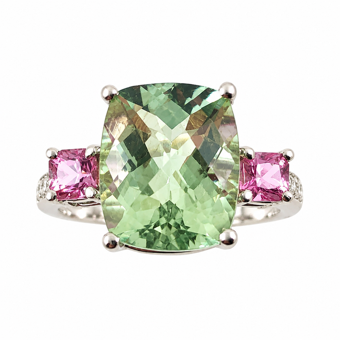 Green amethyst pink sapphire multi stone diamond 14k white gold ring