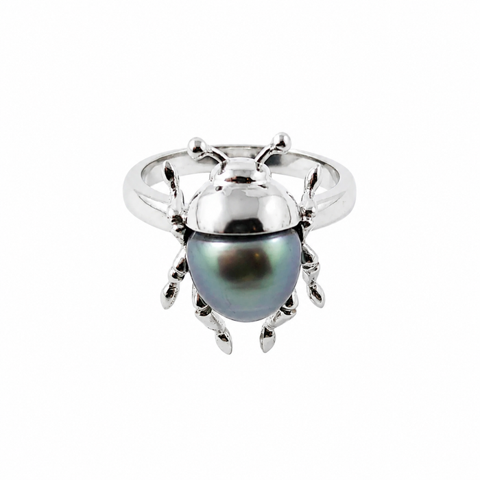Beetle bug insect Tahitian pearl 14k white gold ring