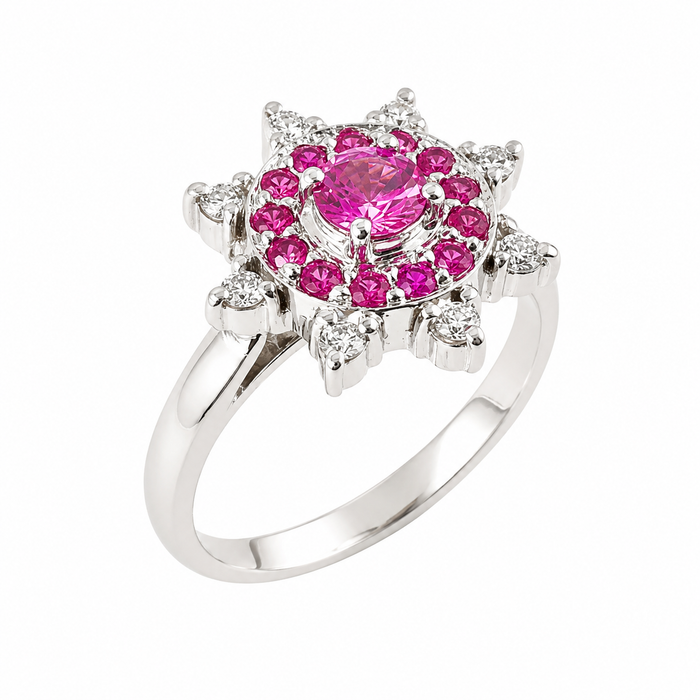 Australian pink sapphire pink ruby diamond 14k white gold flower ring